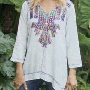 Soft Surroundings | Mixteca Embroidered Tencil Tunic Top Size Small